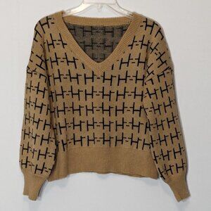 Women's Tan/Black, Short, Long Sleeved, V-Neck Pullover Sweater; Size M